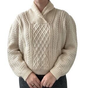 Vintage Womens Hand Knit Wool Chunky Fisherman Cropped Cowl Sweater Sz M